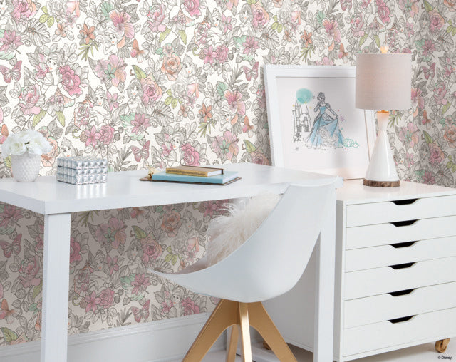 Coral Disney Princess Royal Floral Wallpaper
