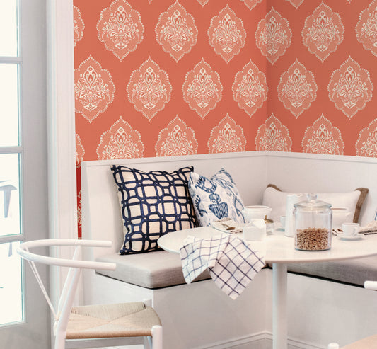 Coral Signet Medallion Damask Wallpaper
