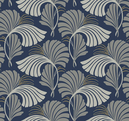 Navy Dancing Leaves Wallpaper