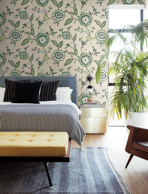 Gereen/Beige Dahlia Blooms Linen/Jade Wallpaper