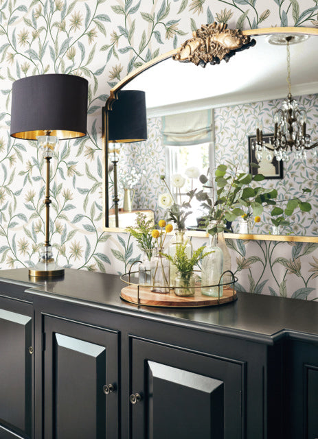 Green/Beige Jasmine Eucalyptus Wallpaper