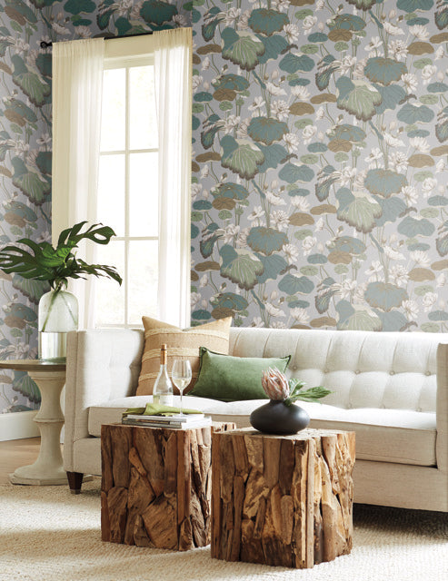 Grey/Blue Lotus Pond Heather/Cotton Wallpaper