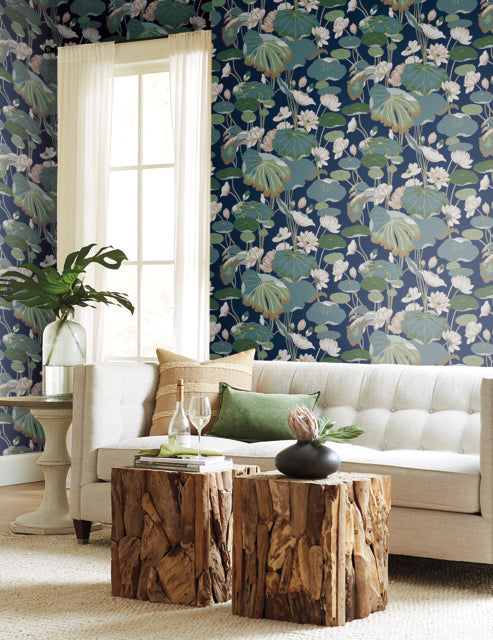Navy/Metallic Lotus Pond Indigo/Gold Wallpaper