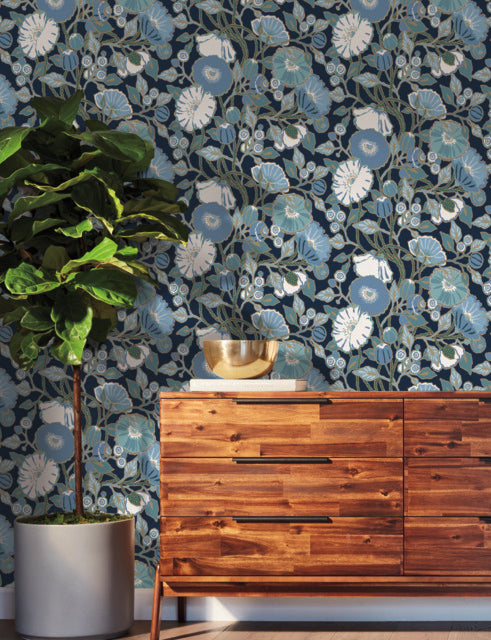 Black/Blue Vincent Poppies Indigo Wallpaper