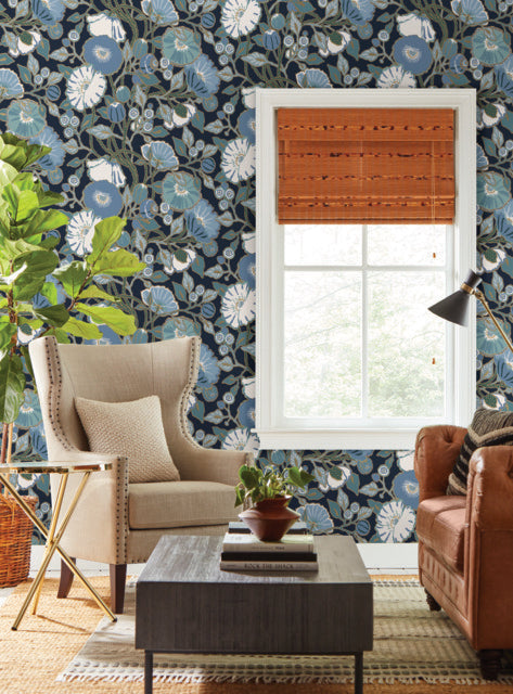 Black/Blue Vincent Poppies Indigo Wallpaper