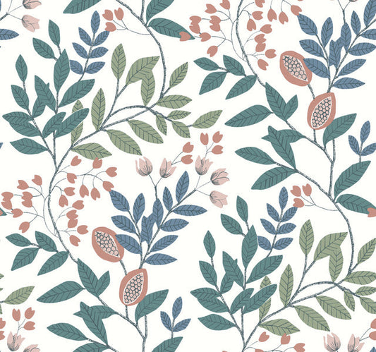 White/Pink/Teal Eden Retreat Wallpaper