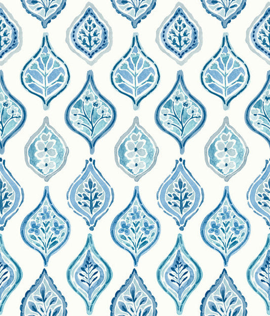 White/Blue Marketplace Motif Wallpaper