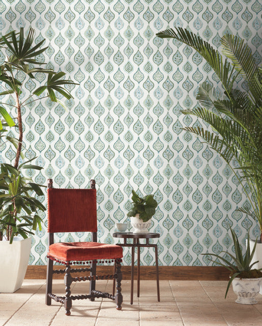 Pale Grey/Green Marketplace Motif Wallpaper
