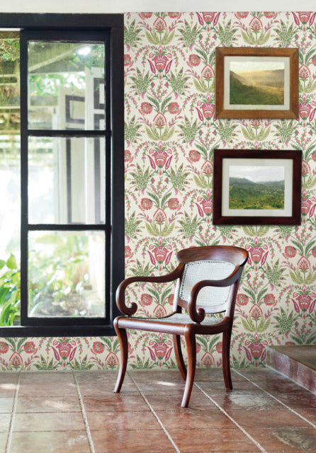 Beige/Green/Red Seaside Jacobean Wallpaper