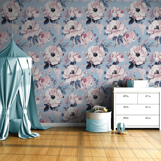 Nursery Floral Baby Blue Rose Mural