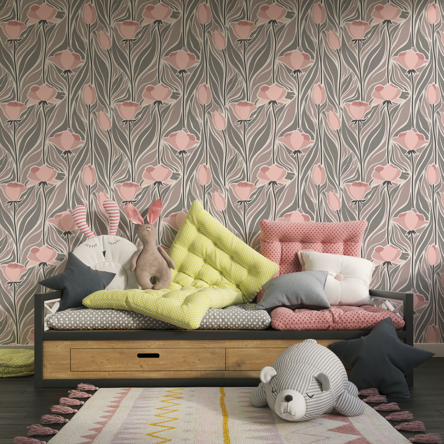 Pink Grey floral wallpaper