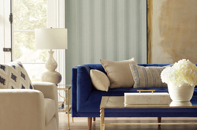Blue Pearl/White Stately Stripe Wallpaper