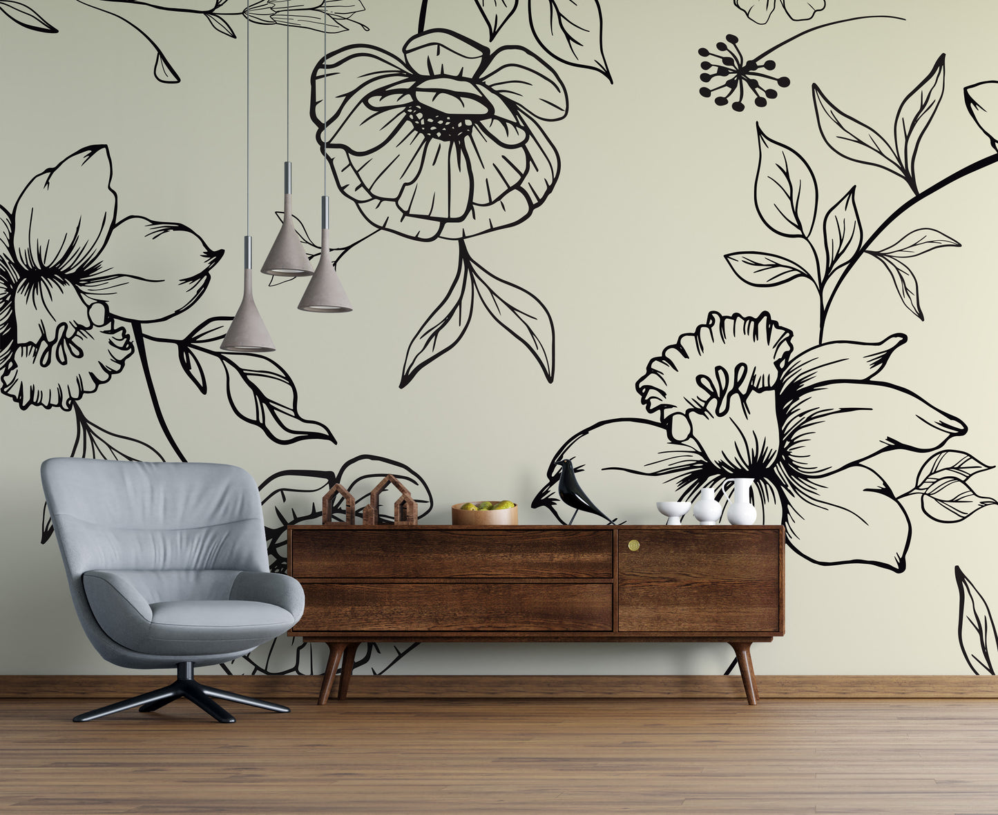 Black and white Floral wallpaper Mural