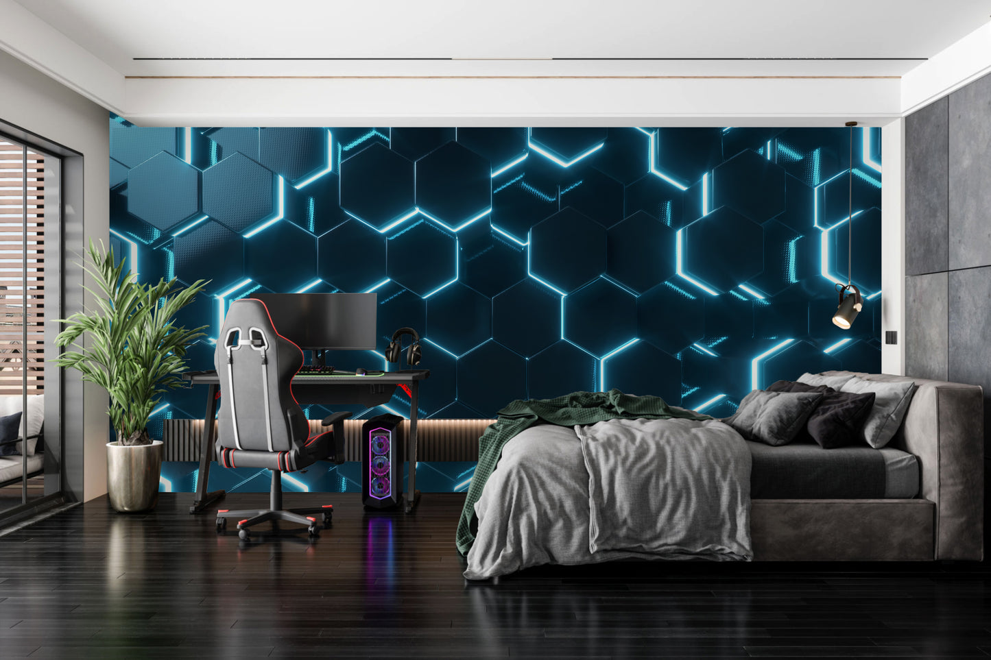 Blue 3D Hexagons Mural