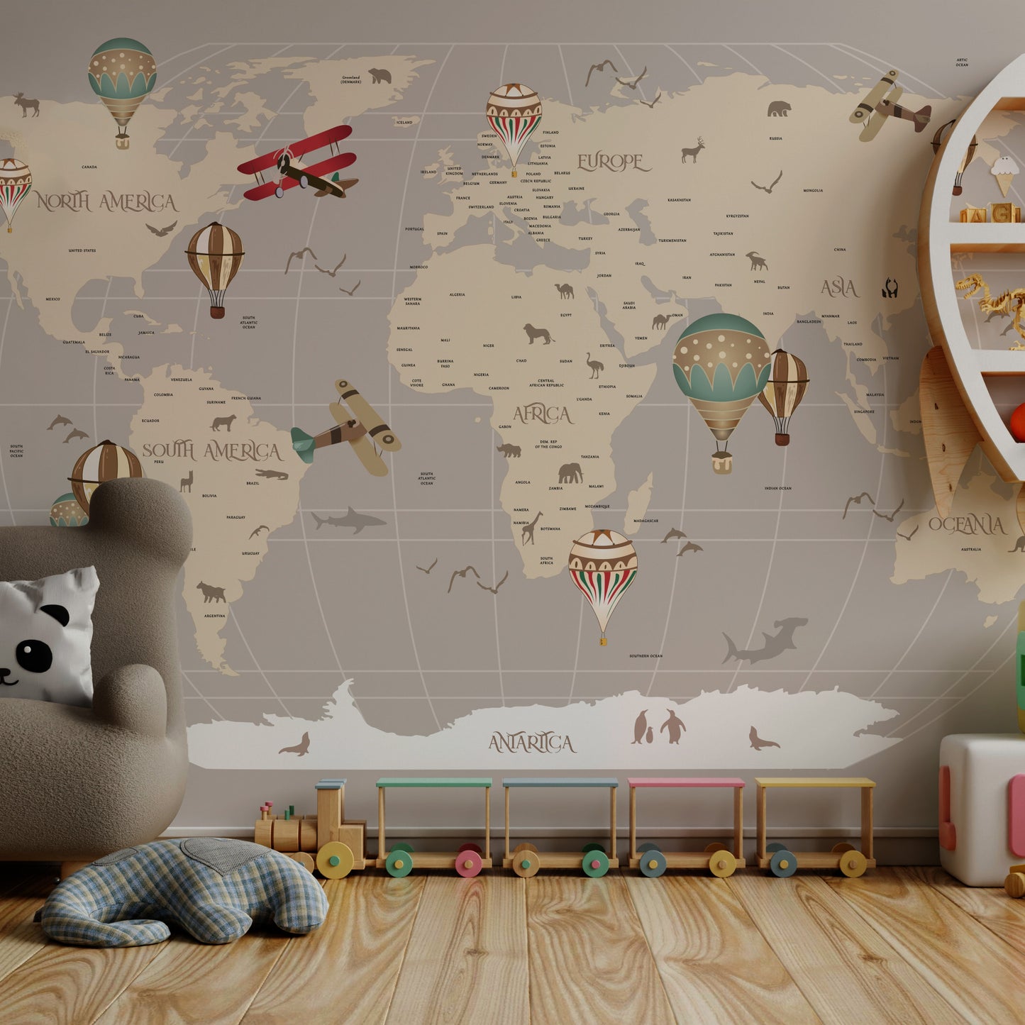 Kids Worldmap wallpaper mural beige