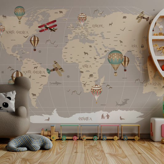 Kids Worldmap wallpaper mural beige