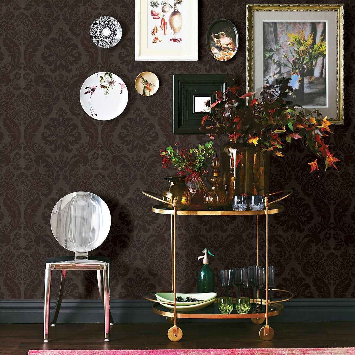 2763-87311 Shadow Brown Flocked Damask Wallpaper By Brewster
