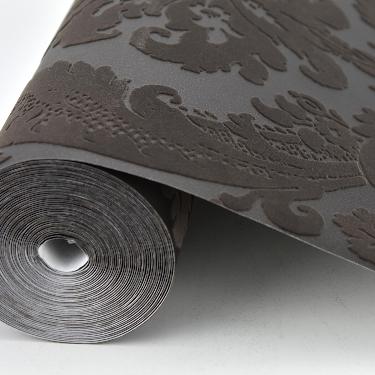 2763-87311 Shadow Brown Flocked Damask Wallpaper By Brewster