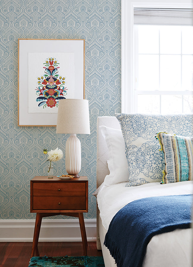 4074-26611 Fernback Blue Ornate Botanical Wallpaper