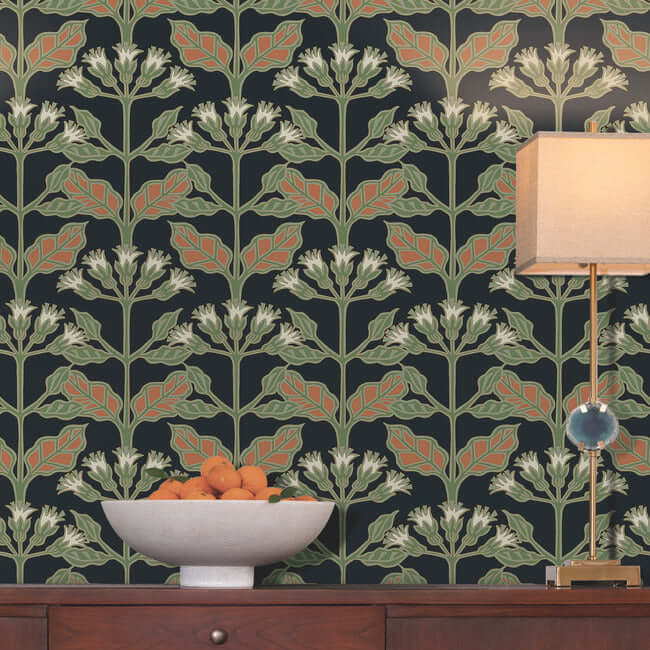 Tracery Blooms Black Wallpaper