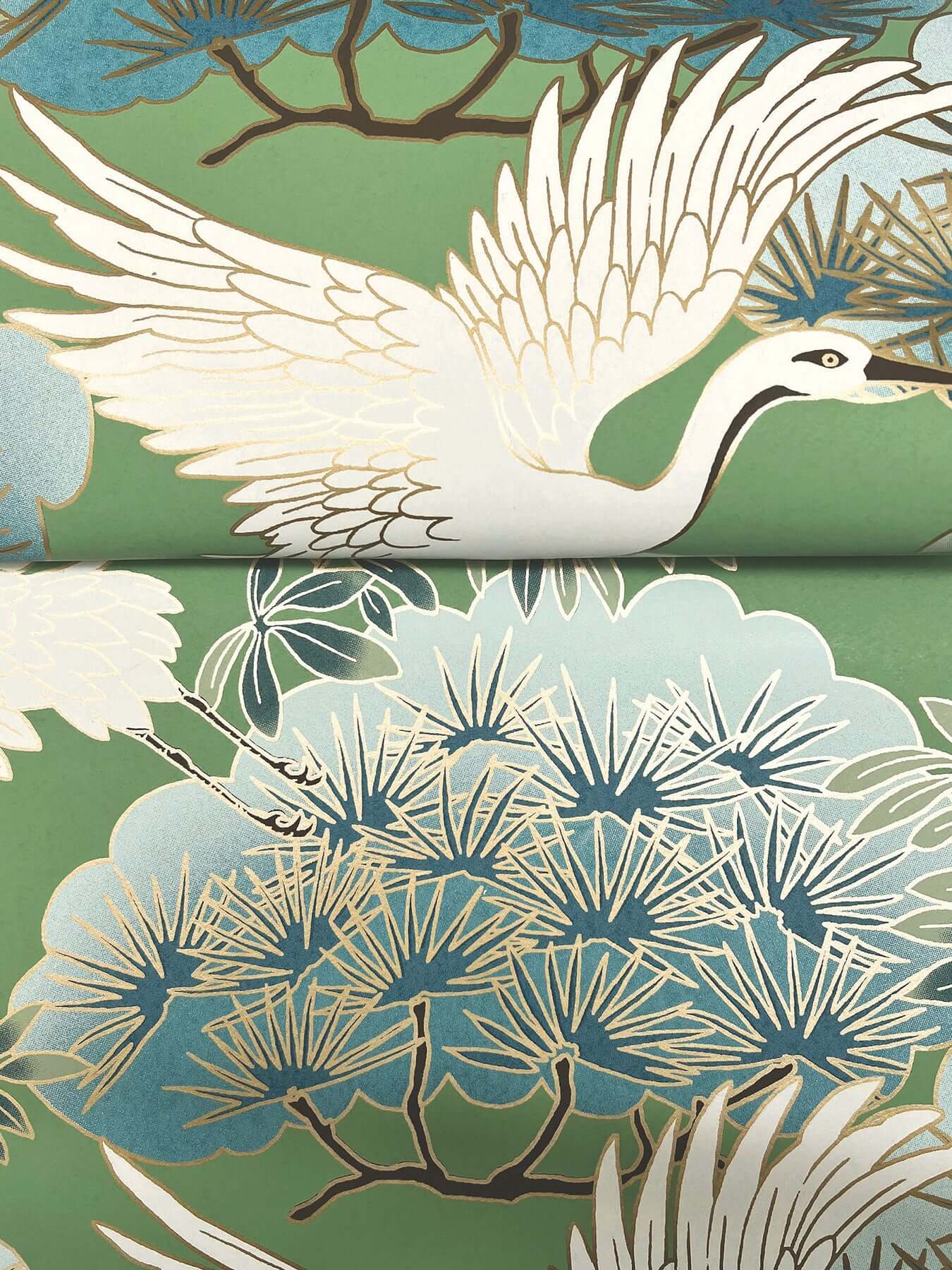 Sprig & Heron Green Wallpaper