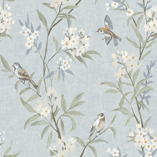Tea Olive Light Blue Finch Frolic Wallpaper