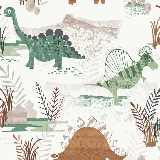 Prehistoric Dino Green Whimsical Wallpaper