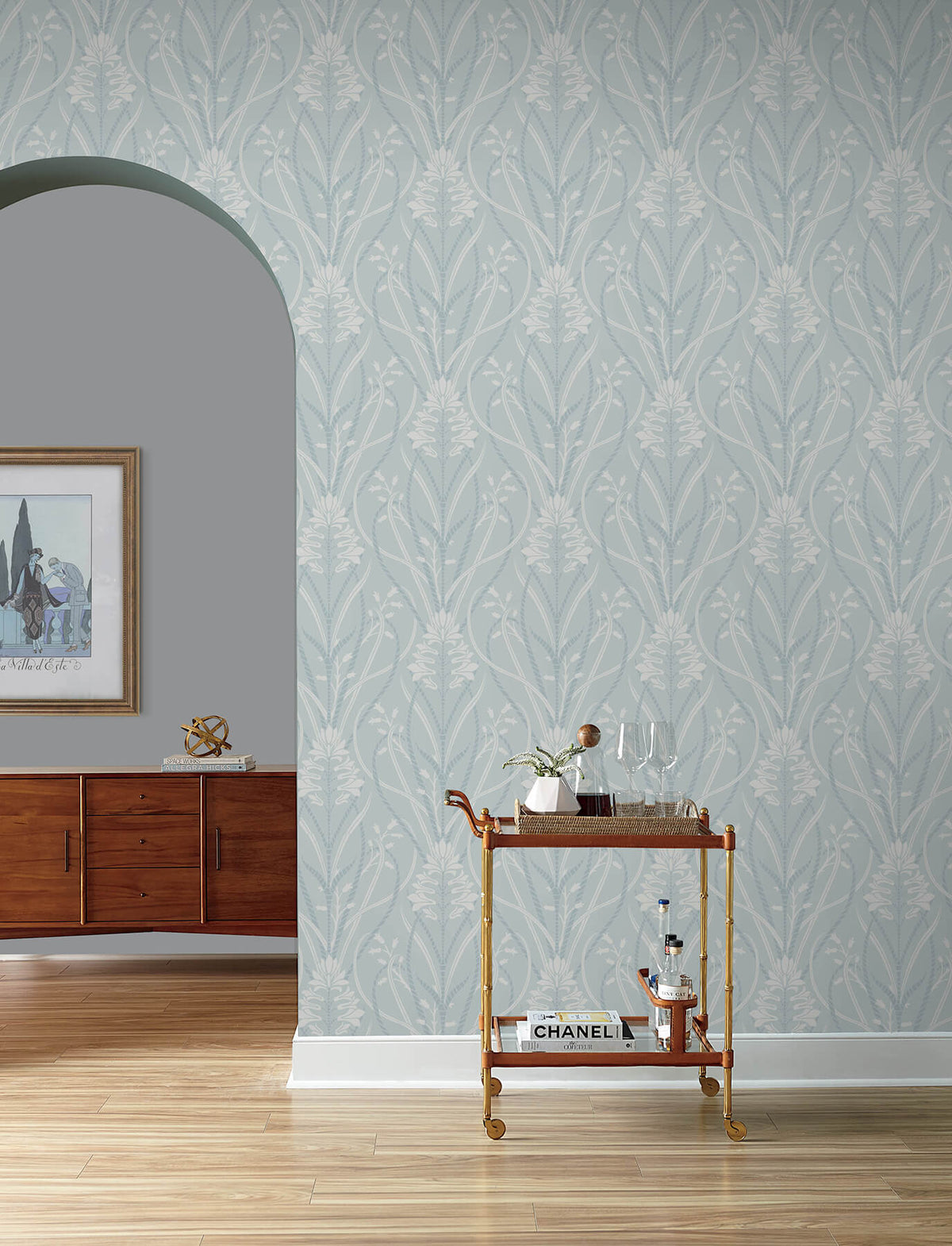 Rosalind Sky Blue Iris Damask Wallpaper