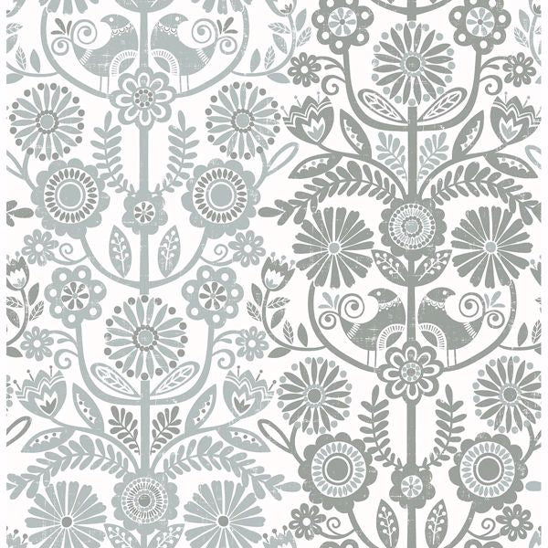 Lovebirds Slate Folk Stripe Wallpaper