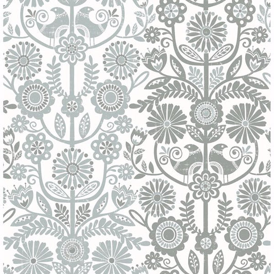 Lovebirds Slate Folk Stripe Wallpaper