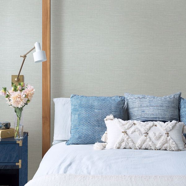 Exhale Light Blue Faux Grasscloth Wallpaper