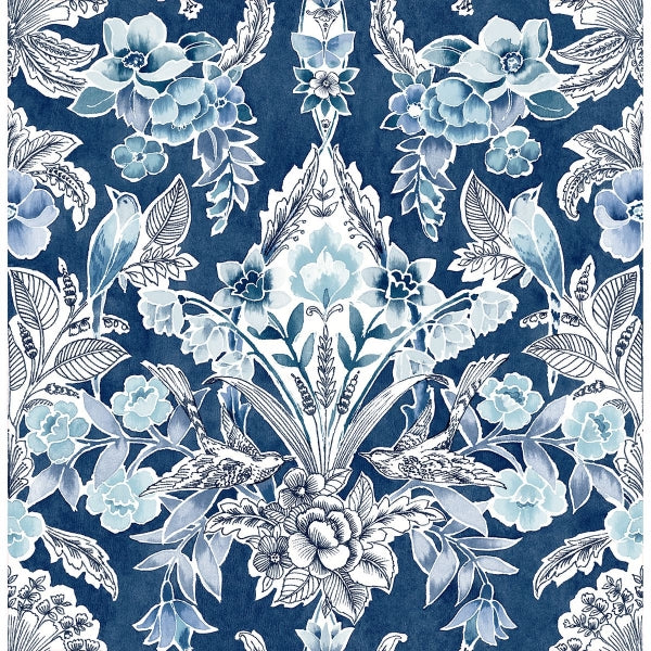 Vera Blue Floral Damask Wallpaper