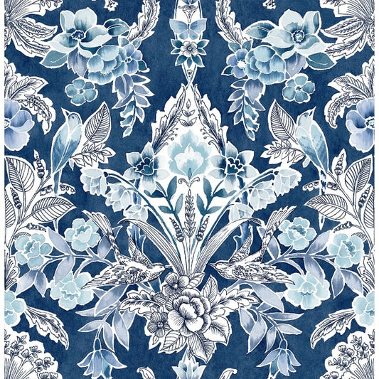 Vera Blue Floral Damask Wallpaper