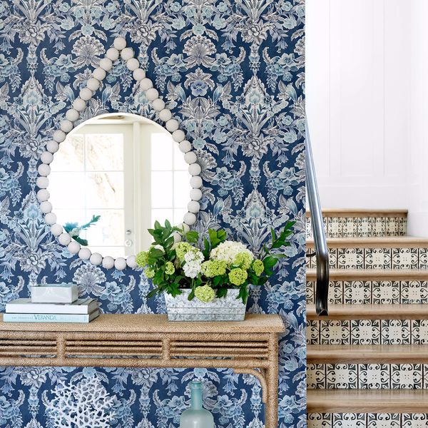 Vera Blue Floral Damask Wallpaper