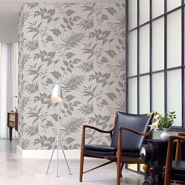 Chandler Light Grey Botanical Faux Grasscloth Wallpaper