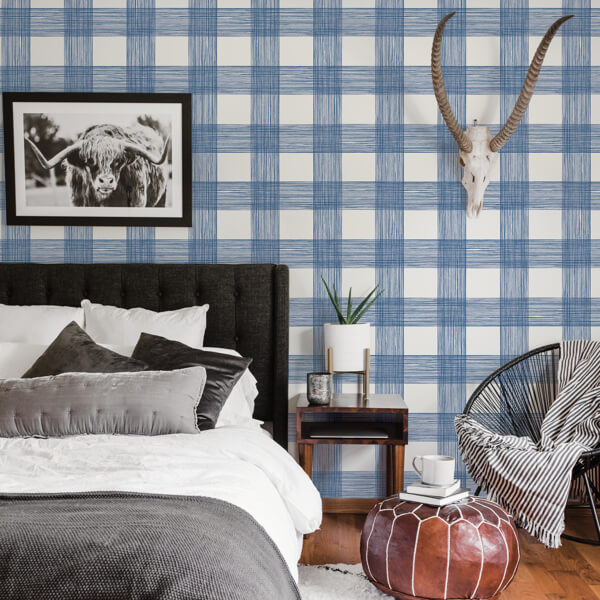 Scarborough Indigo Striated Plaid Wallpaper