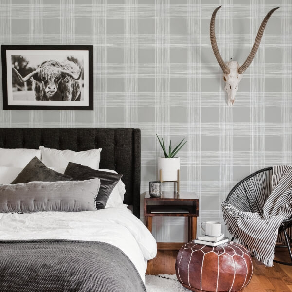 Scarborough Grey Striated Plaid Wallpaper
