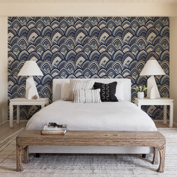 Cabarita Indigo Art Deco Flocked Leaves Wallpaper