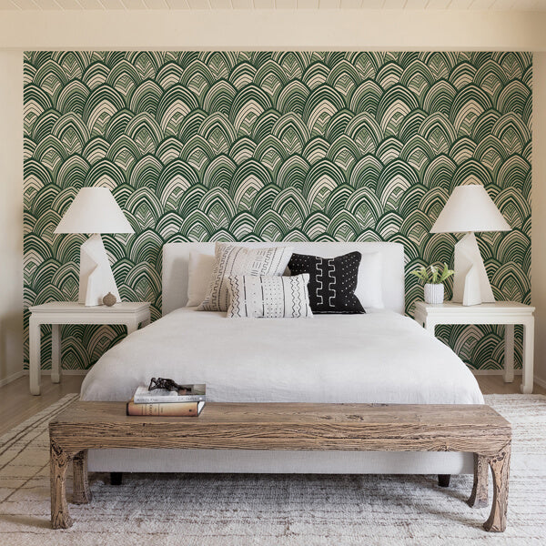 Cabarita Green Art Deco Flocked Leaves Wallpaper