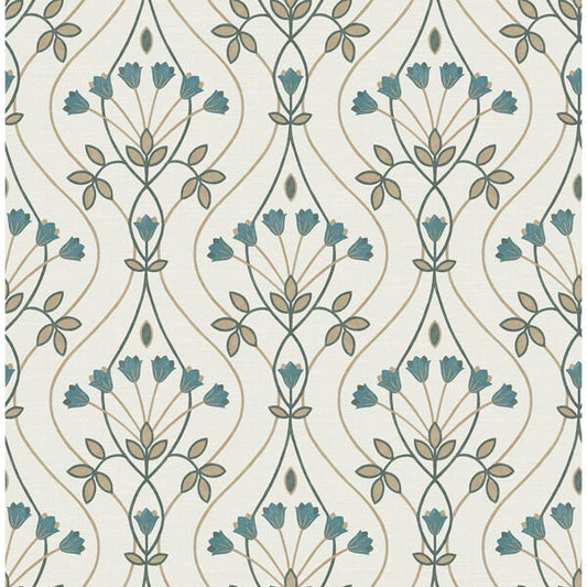 Dard Teal Tulip Ogee Wallpaper