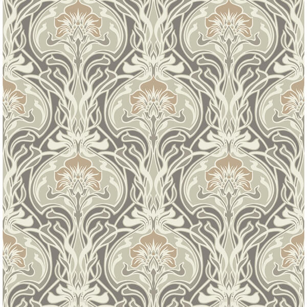 Mucha Dark Grey Botanical Ogee Wallpaper