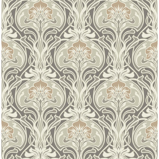 Mucha Dark Grey Botanical Ogee Wallpaper