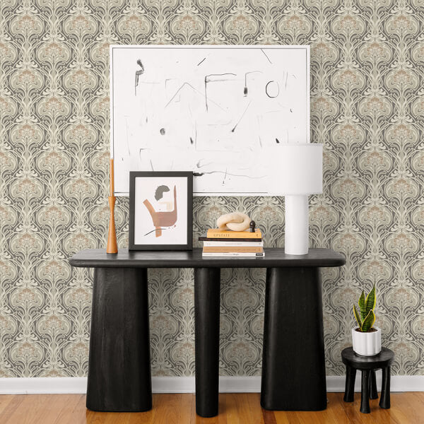 Mucha Dark Grey Botanical Ogee Wallpaper