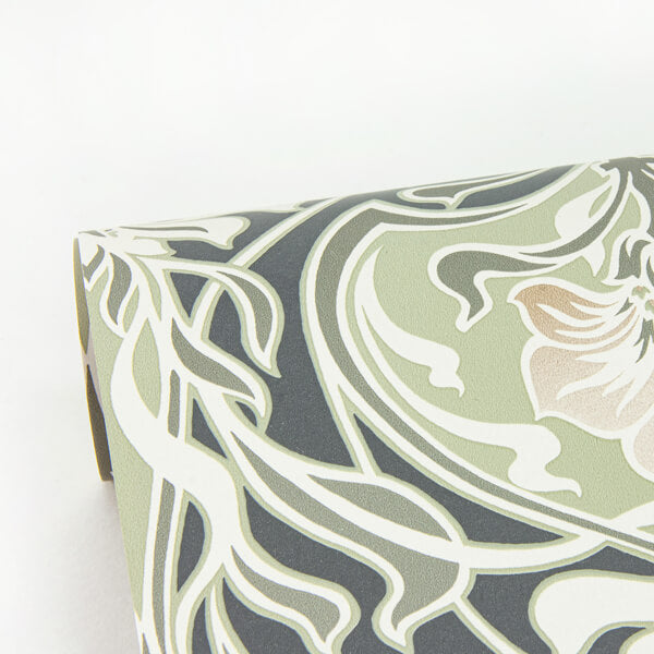 Mucha Dark Grey Botanical Ogee Wallpaper