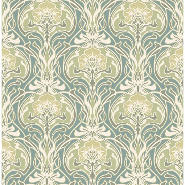 Mucha Teal Botanical Ogee Wallpaper