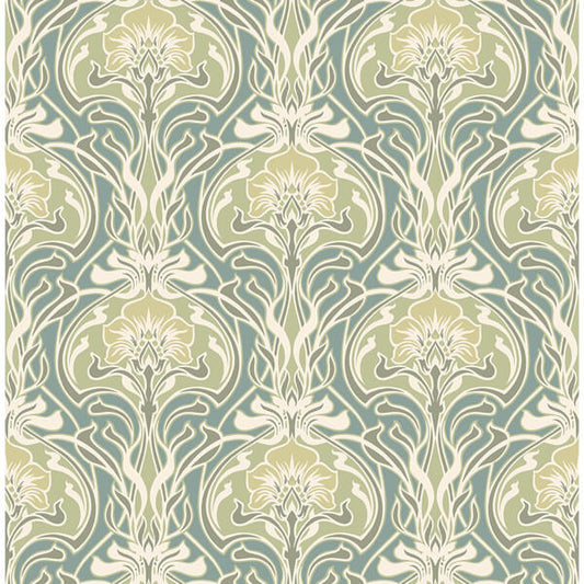 Mucha Teal Botanical Ogee Wallpaper