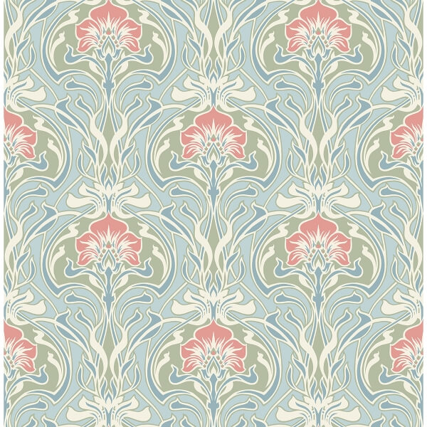 Mucha Light Blue Botanical Ogee Wallpaper