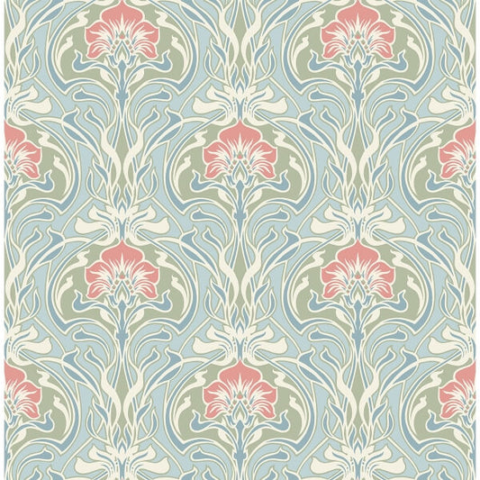 Mucha Light Blue Botanical Ogee Wallpaper