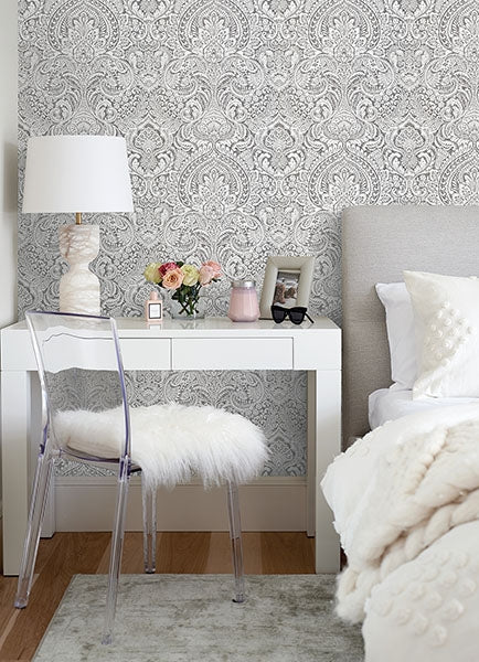 Artemis Platinum Damask Wallpaper