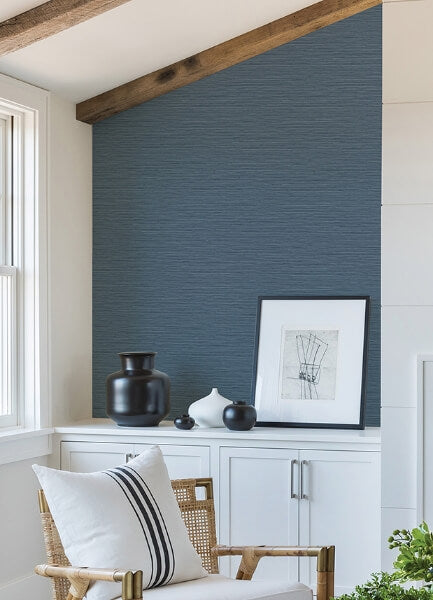Rushmore Blue Faux Grasscloth Wallpaper